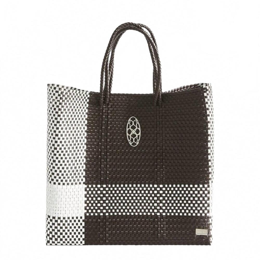 NEW LOLA'S BAG women's medium woven shoulder strap tote bag in brown/white